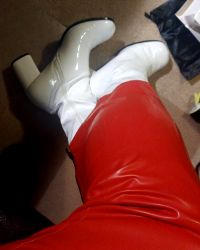 Red Latex Hobble Skirt And White Patent Boots.